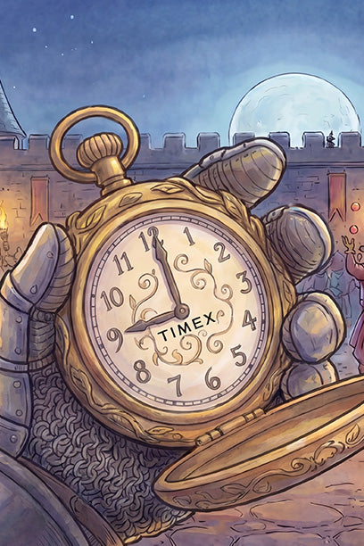 Timex Tales illustration of an armored knight holding an ornate gold Timex pocket watch beneath a full moon.