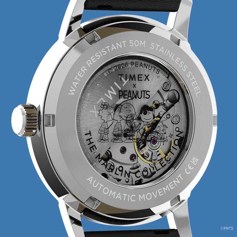 Exhibition caseback of Timex x Peanuts Marlin Automatic watch showing mechanical movement and Peanuts character artwork