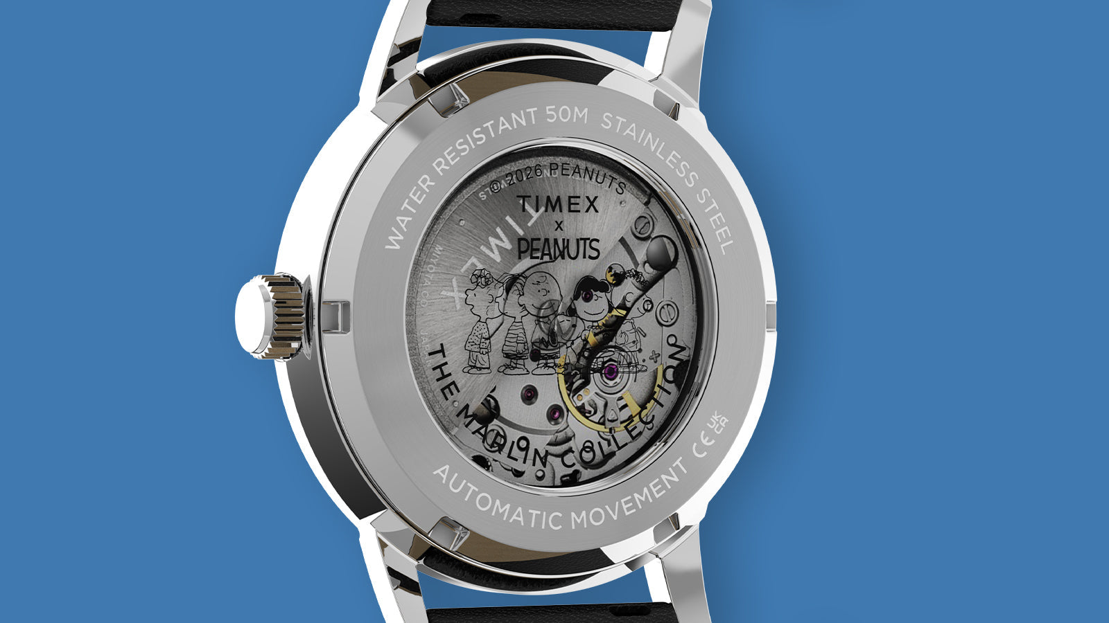 Angled view of Timex Marlin Automatic Peanuts watch caseback displaying automatic movement through exhibition window