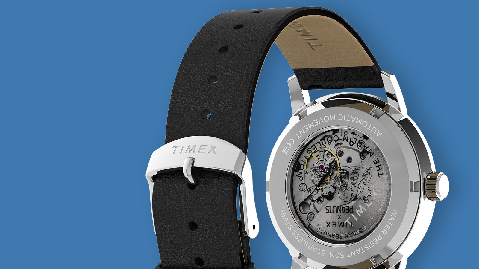 Close-up of Timex Marlin Automatic Peanuts watch leather strap and exhibition caseback with engraved stainless steel housing