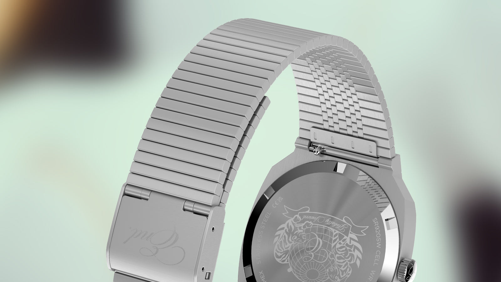 Rear view of the END. x Timex 1981 Reissue Inspired watch highlighting the stainless-steel expansion bracelet and engraved caseback.