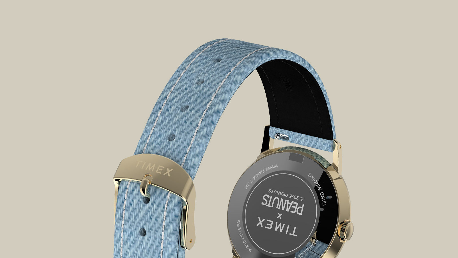 Rear view of the Peanuts® x Timex Marlin® 1965 Reissue Inspired Snoopy Tennis watch highlighting the caseback engraving and blue textured strap.