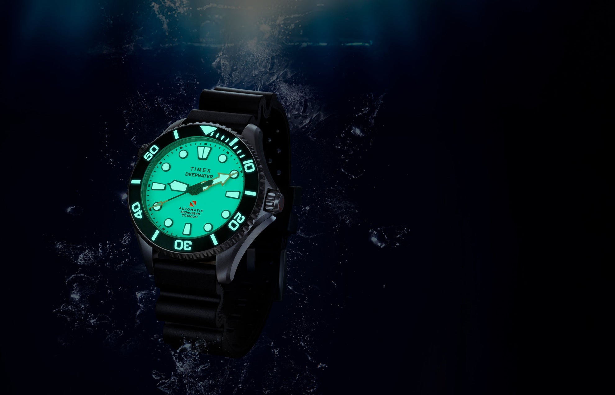 Timex Deepwater Meridian 300 Titanium HEV Automatic dive watch with full-lume dial and black rubber strap suspended in an underwater scene with rising bubbles.