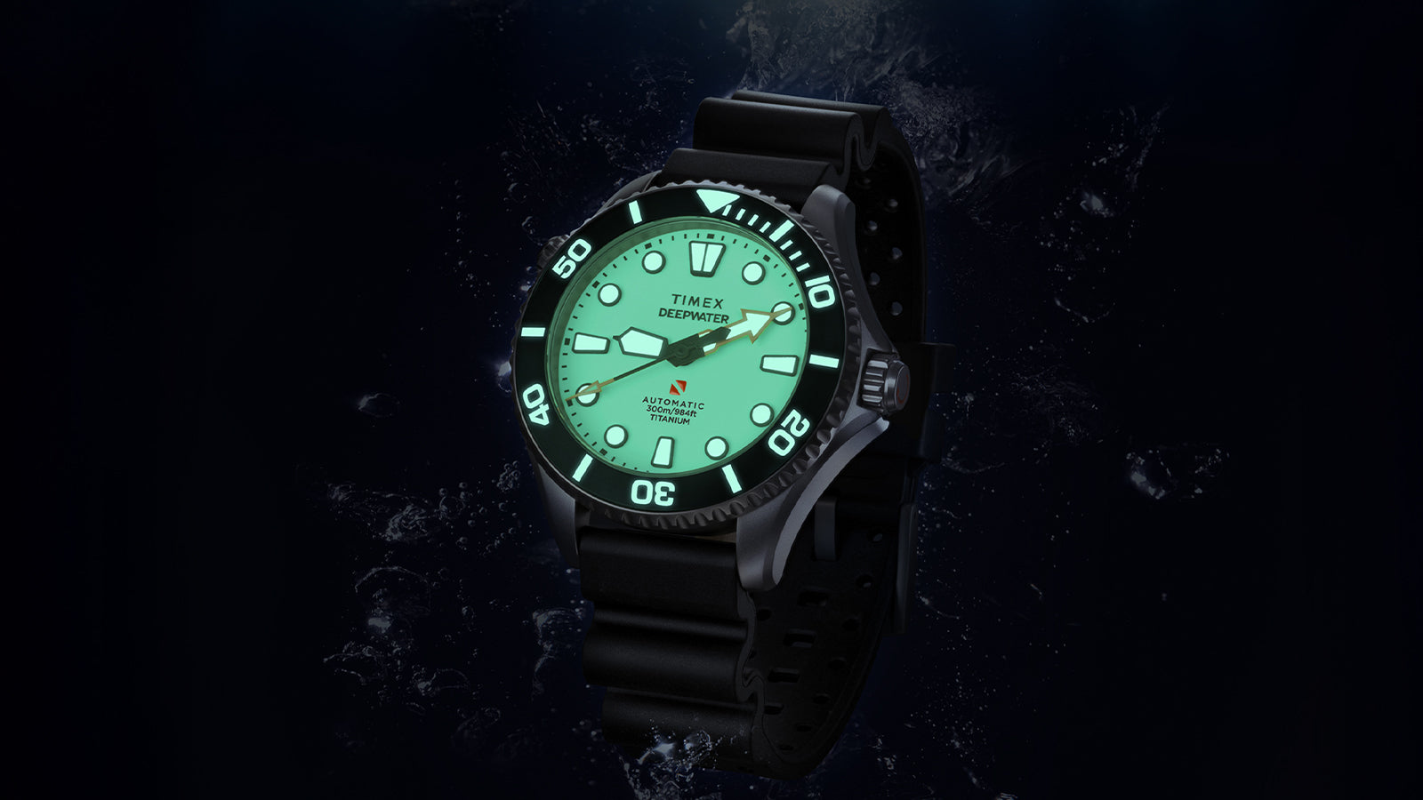 Timex Deepwater Meridian 300 Titanium HEV Automatic with glowing lume on the dial and bezel in a low-light underwater-inspired setting.