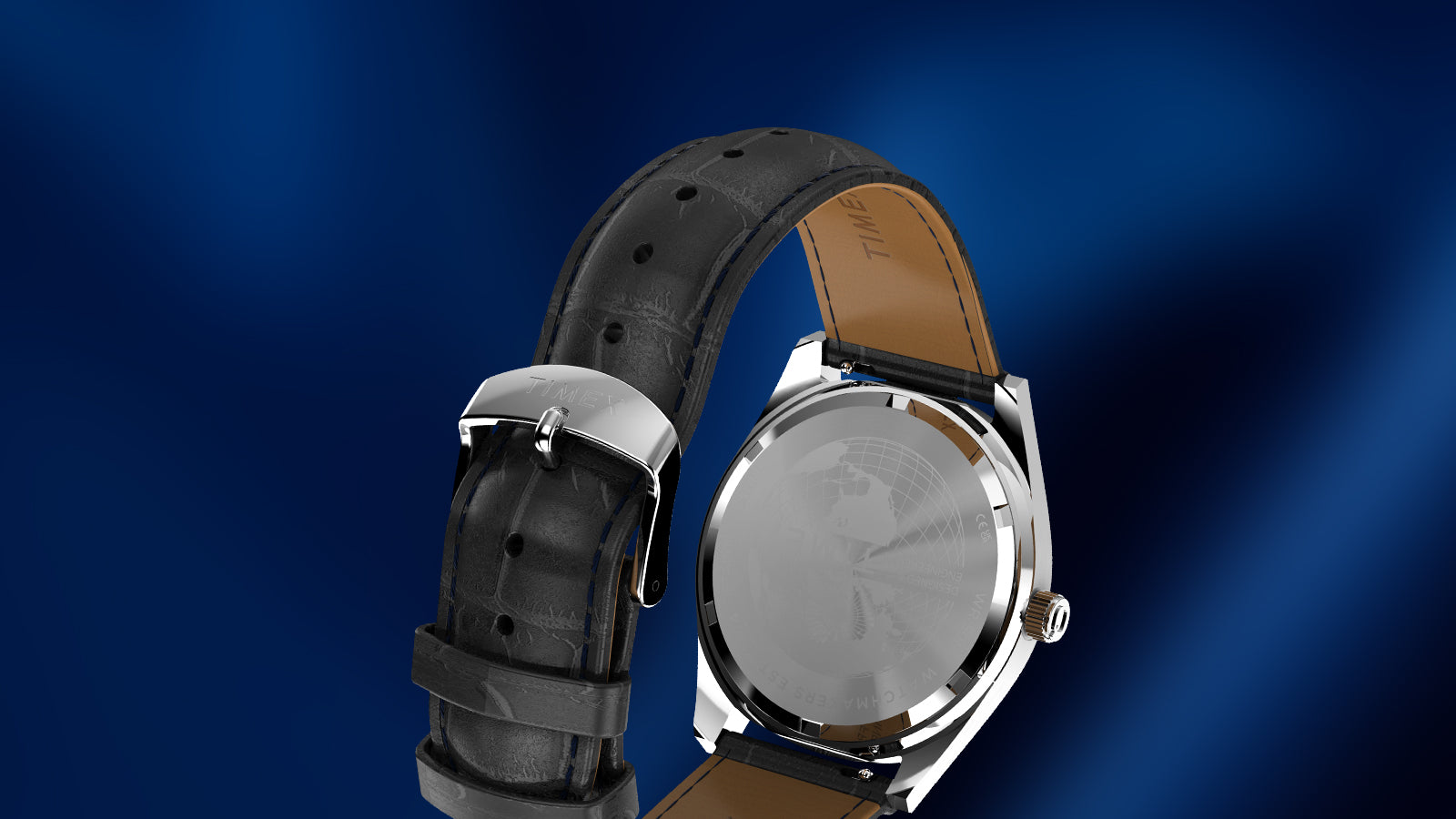 Rear view of Q Timex Blue Vega watch showing polished stainless steel caseback and textured black leather strap with Timex buckle