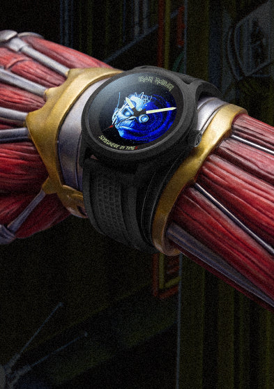 The Timex x Iron Maiden 1986 Tribute watch worn on Eddie’s cybernetic arm in a futuristic sci-fi environment inspired by the “Somewhere in Time” album artwork.