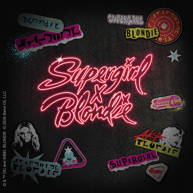 Neon-style “Supergirl x Blondie” logo surrounded by punk-inspired sticker graphics, including Blondie portraits, Supergirl symbols, and colorful collage elements on a dark textured background.