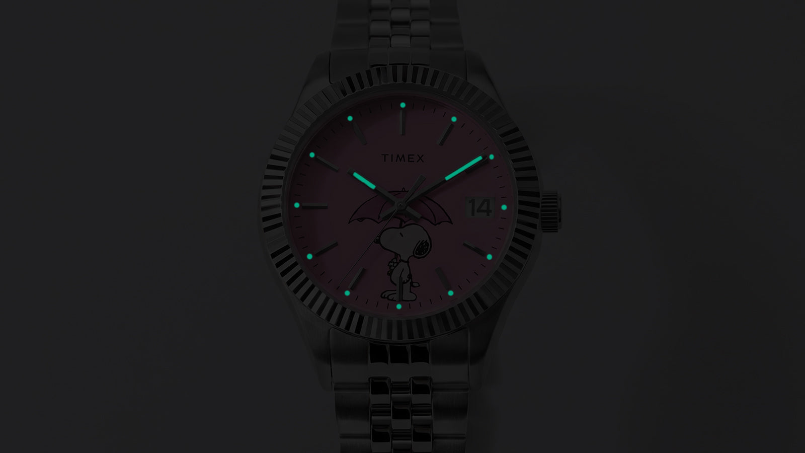Peanuts® x Timex Legacy Snoopy Umbrella watch with INDIGLO® light-up dial highlighting luminous hands and hour markers.