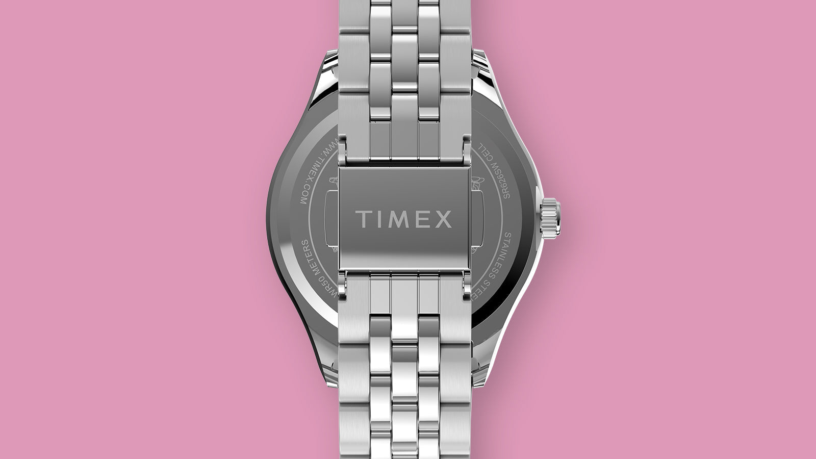 Back view of the Peanuts® x Timex Legacy Snoopy Umbrella stainless steel bracelet with Timex-signed clasp.