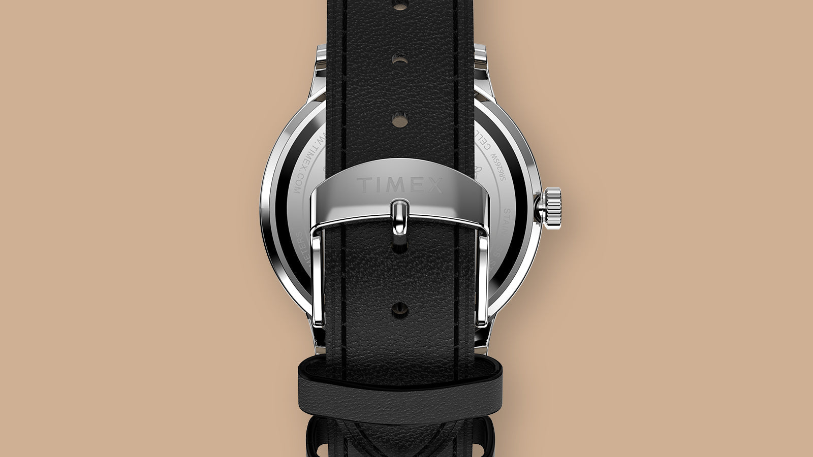 Back view of the Peanuts® x Timex Waterbury Classic watch with a black leather strap and Timex-signed buckle.