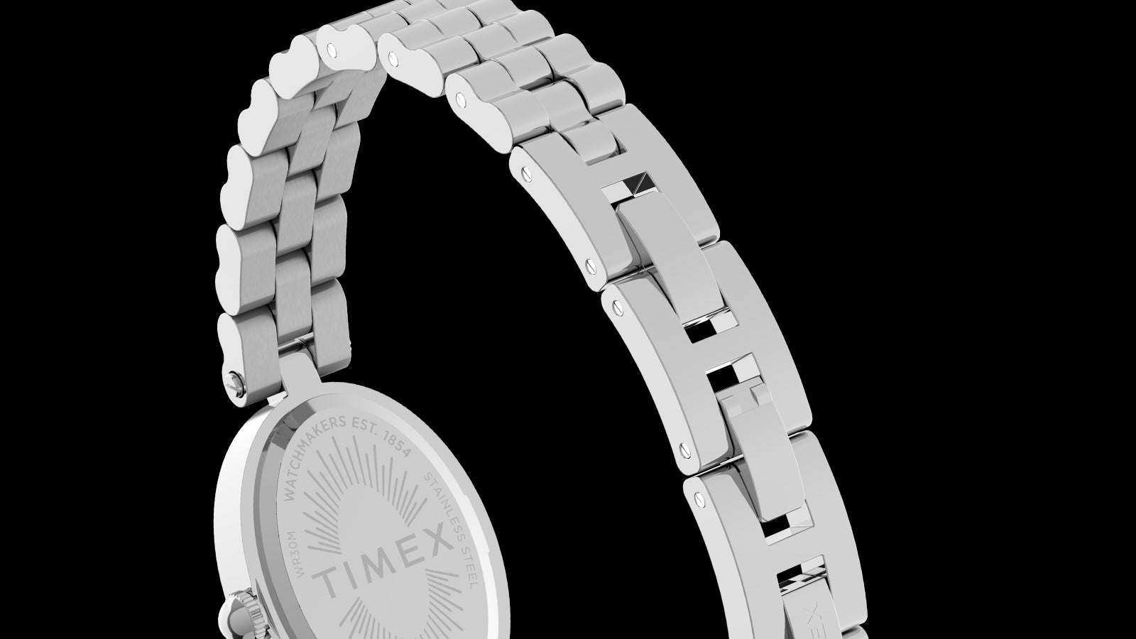 Close-up of the Timex Cavatina® Luxe stainless steel bracelet showing the jewelry-style clasp and polished links.