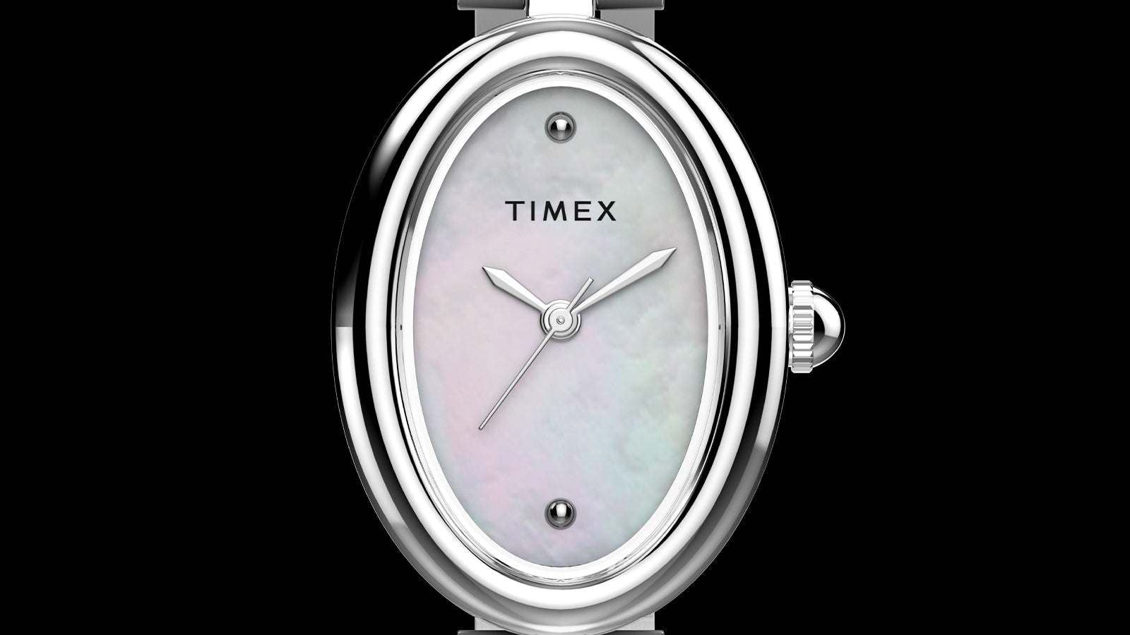 Front view of the Timex Cavatina® Luxe with an oval polished silver-tone case, mother-of-pearl dial, minimalist hands, and stainless steel bracelet.
