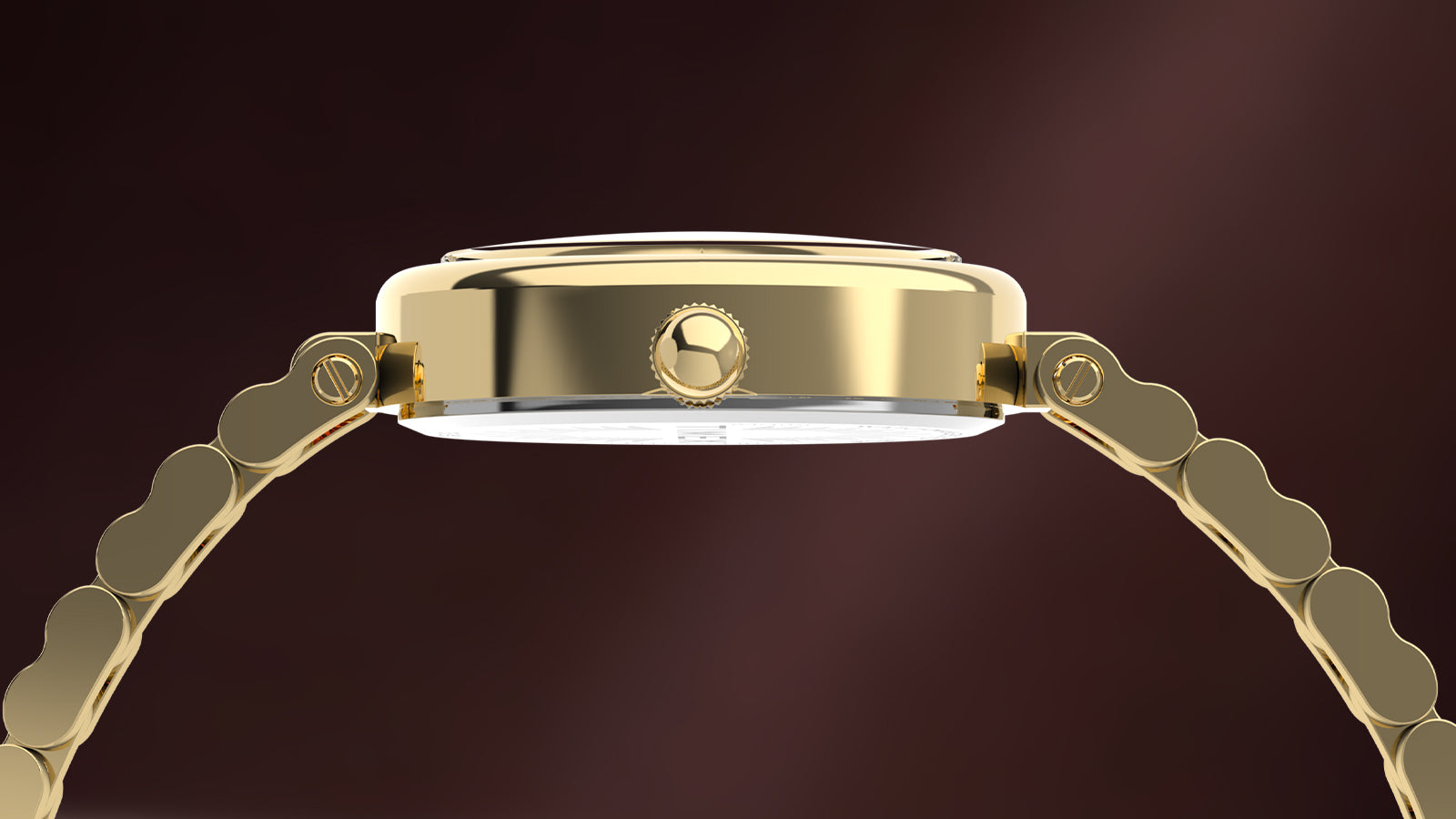 Side profile of the Timex Cavatina® Luxe highlighting the slim polished gold-tone oval case and crown.