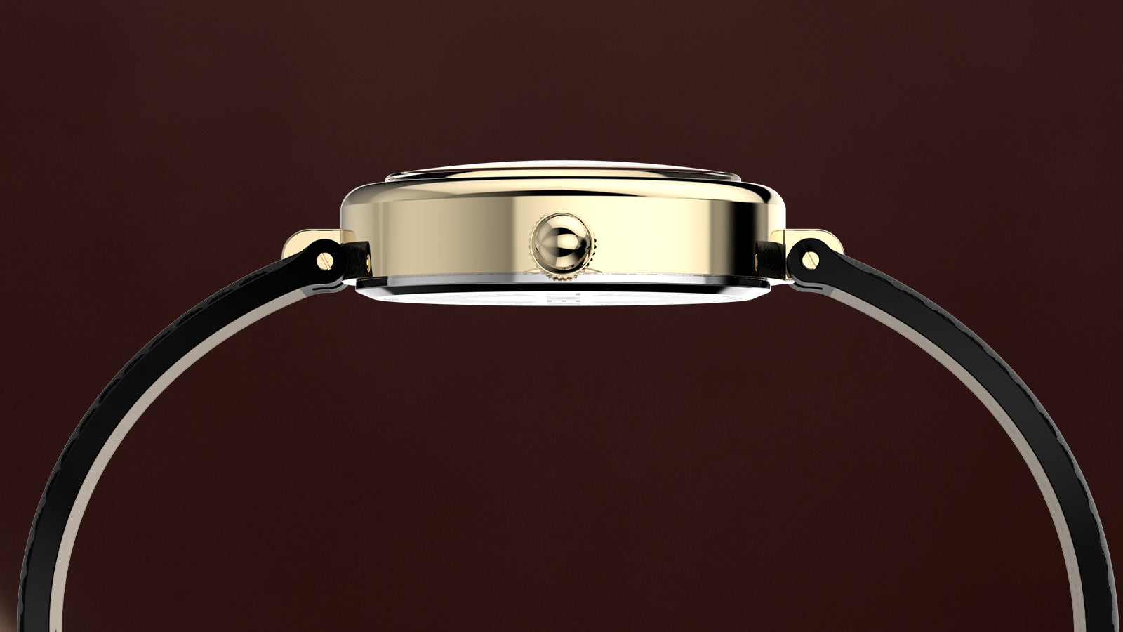Side profile of the Timex Cavatina® Luxe highlighting the slim polished gold-tone oval case, crown, and black leather strap.