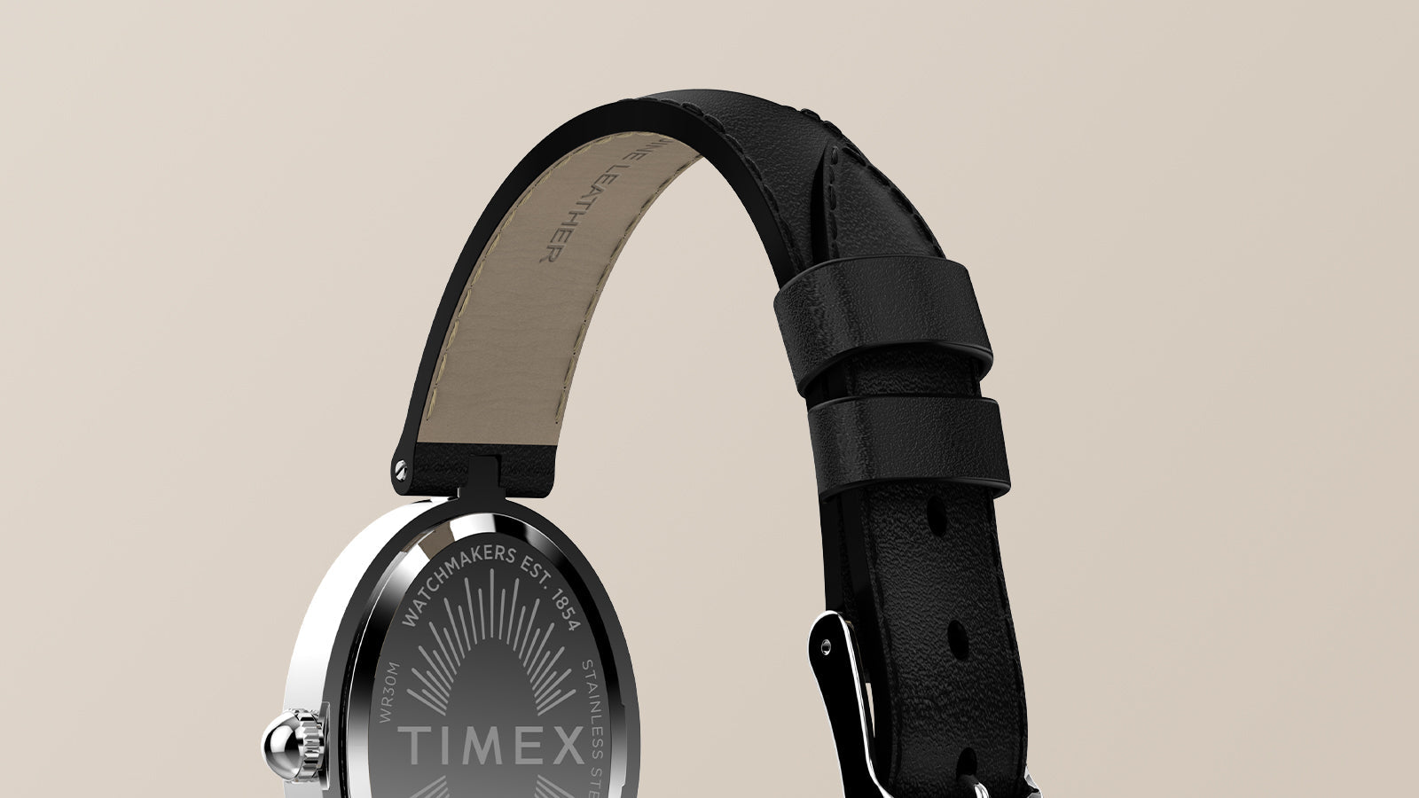 Close-up of the Timex Cavatina® Luxe black leather strap with a silver-tone buckle and polished silver-tone case back.