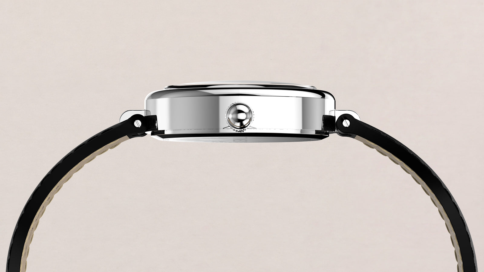Side profile of the Timex Cavatina® Luxe highlighting the slim polished silver-tone oval case, crown, and black leather strap.