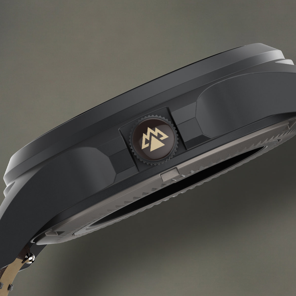 Side profile of the Expedition® Field Post Automatic titanium watch highlighting the signed screw-down crown.