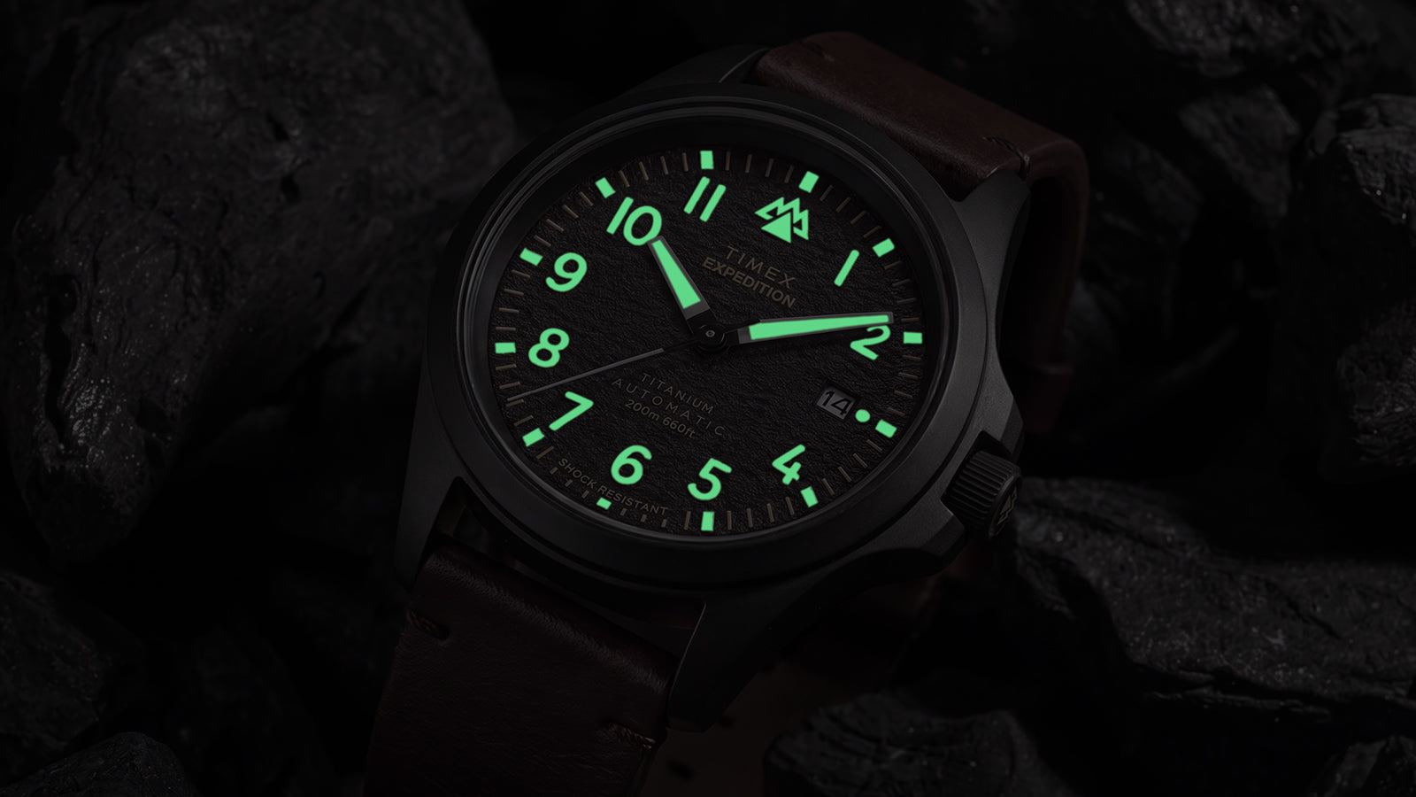 Angled view of the Expedition® Field Post Automatic titanium watch showcasing luminous hands and hour markers.
