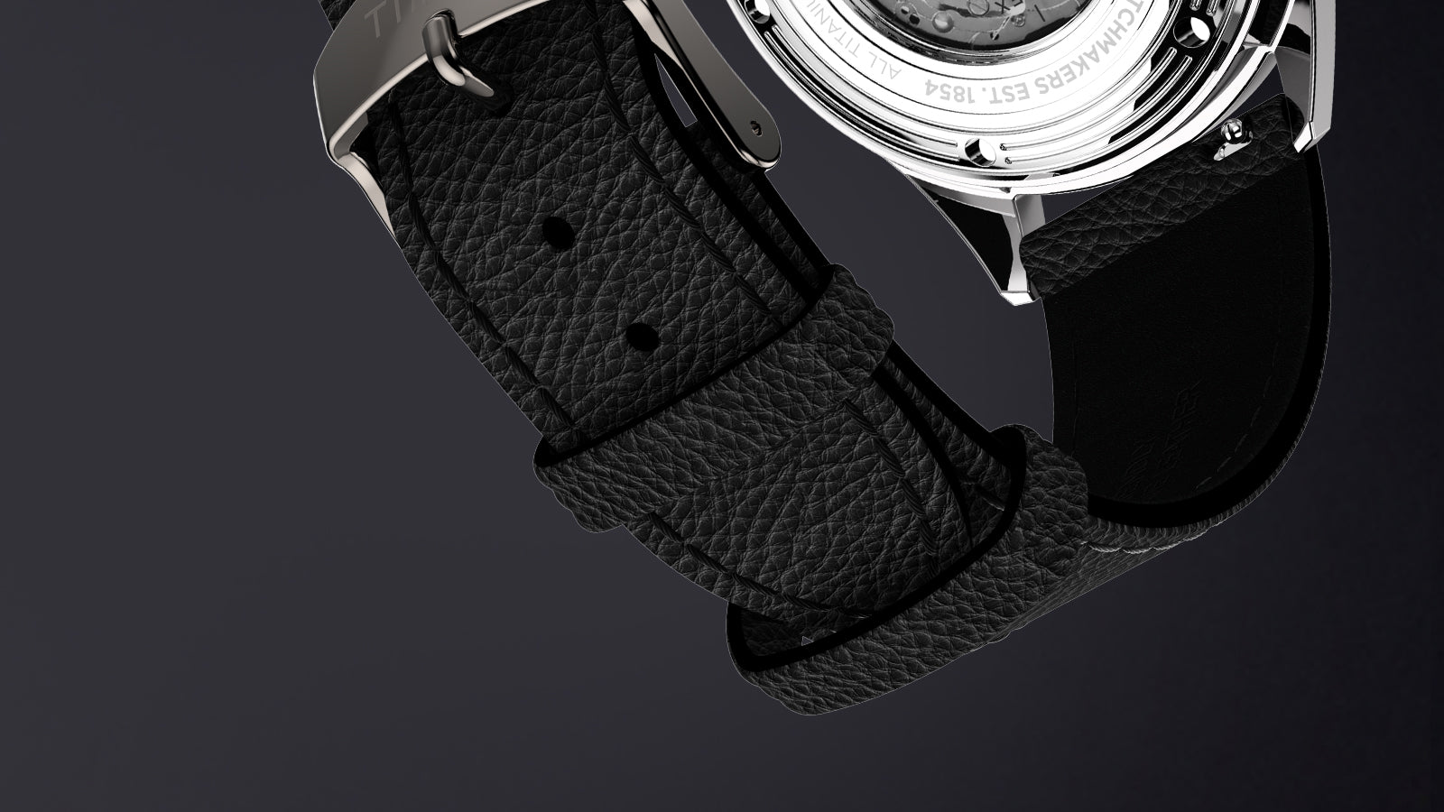 Detail view of the black leather strap and exhibition caseback of the Timex Marlin® Jet Titanium Automatic GMT watch.