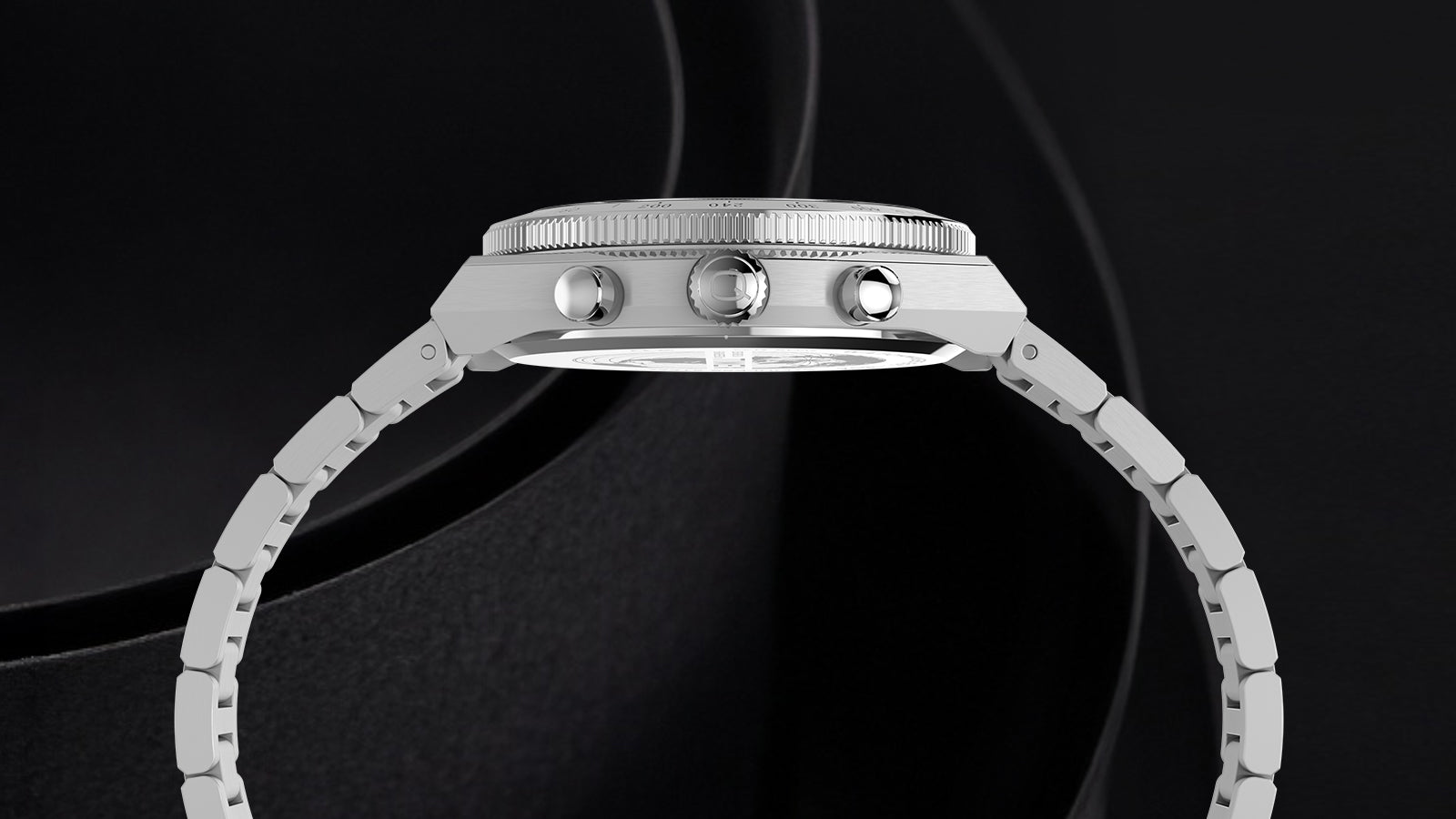 Side view of the Q Timex Continental Chronograph showing its stainless-steel case, crown, chronograph pushers, and bracelet.