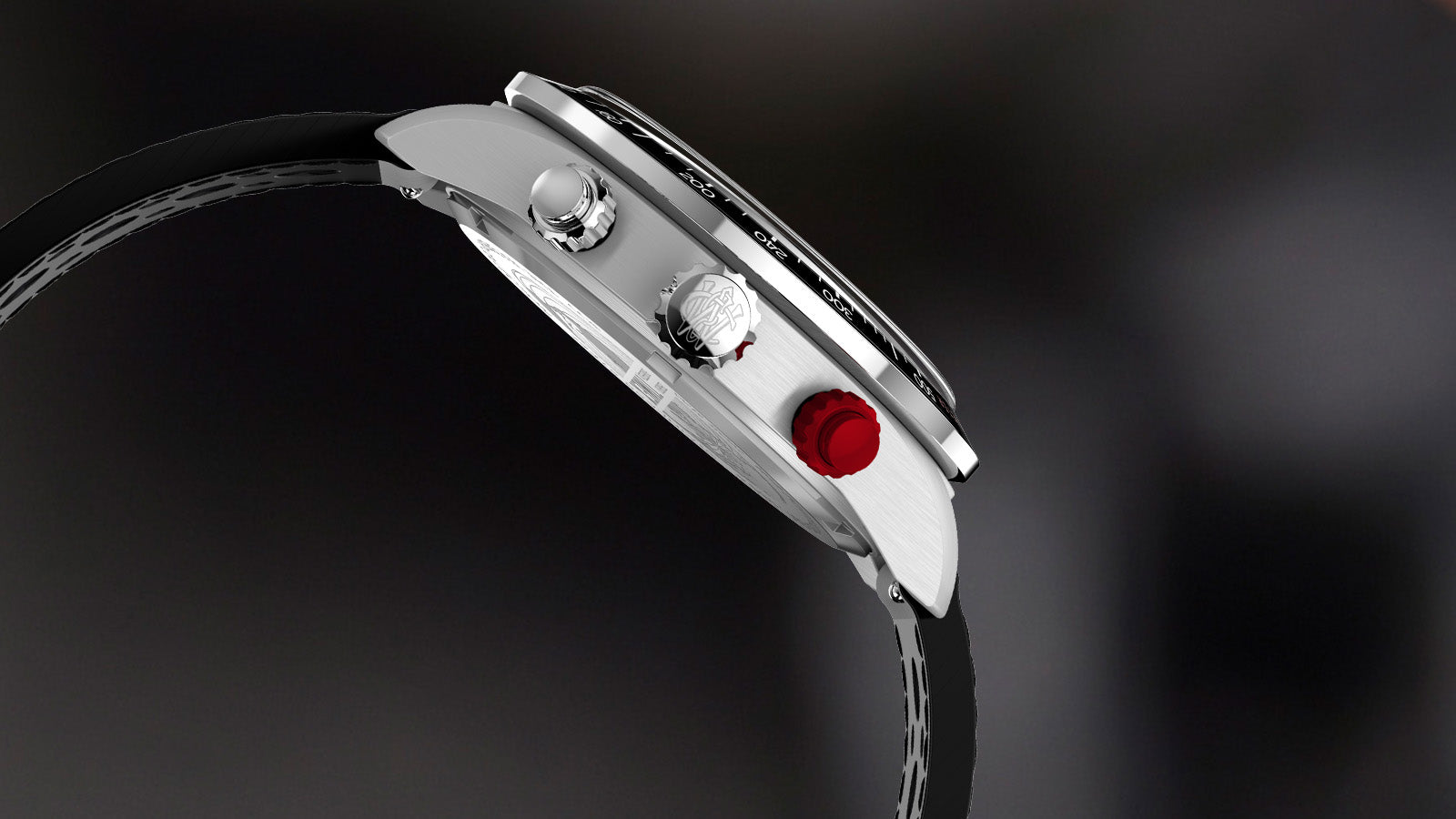 Side profile of the Timex Waterbury Heritage Chronograph highlighting the stainless steel case, crown, chronograph pushers, and signature red pusher.