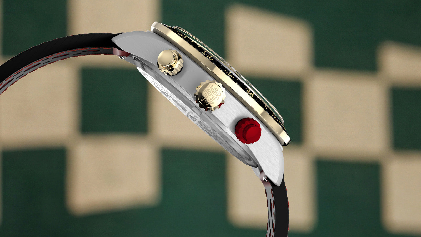 Side profile of the Timex Waterbury Heritage Chronograph highlighting the stainless steel case, gold-tone crown and pushers, and signature red chronograph pusher.