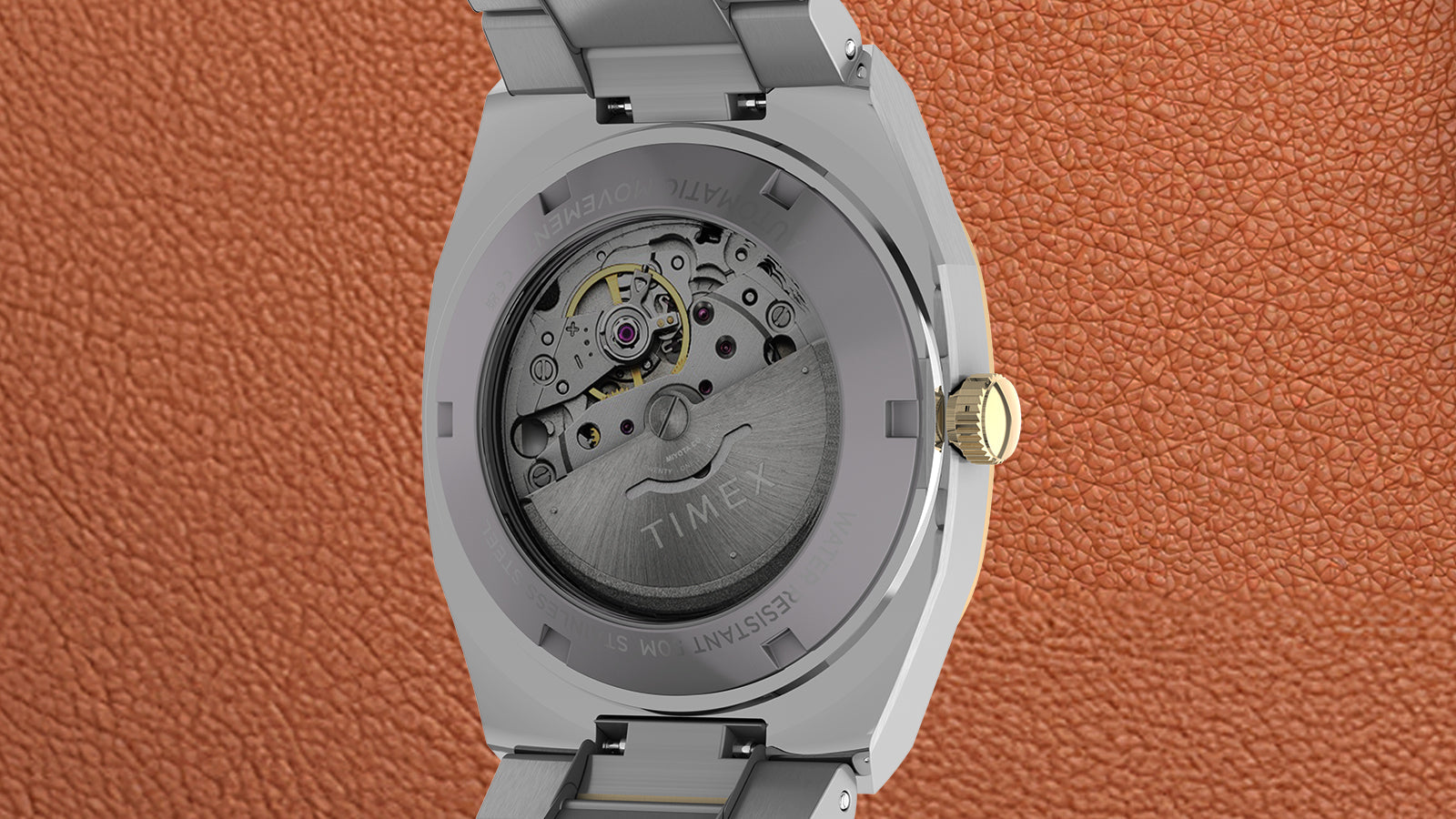 Rear view of the Timex® Automatic E Line 38mm showcasing the exhibition caseback and visible automatic mechanical movement through the transparent crystal.