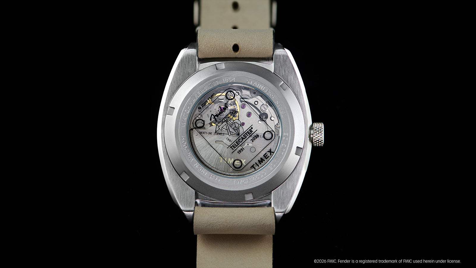 Rear view of the Fender x Timex Automatic featuring a transparent caseback and visible mechanical movement.