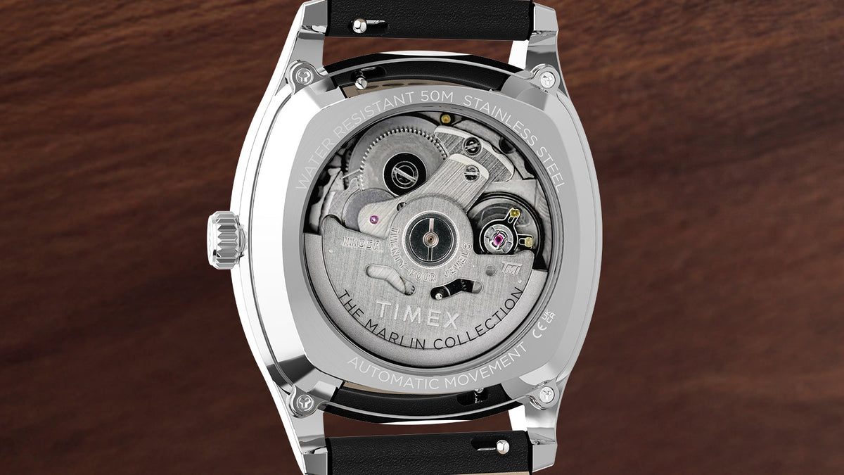 TW2Y84300 Exhibition case back of the Marlin® Chatham Automatic watch revealing its 24-jewel automatic movement.