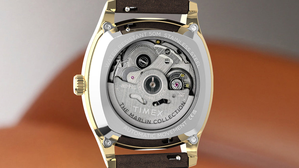 TW2Y84500 Exhibition case back of the Marlin® Chatham Automatic watch revealing its 24-jewel automatic movement.