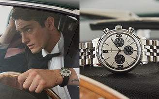 Man driving with Marlin® Chronograph Tachymeter 40mm Stainless Steel Bracelet Watch on his wrist and Marlin® Chronograph Tachymeter 40mm Stainless Steel Bracelet Watch