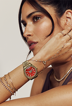 A woman wearing Timex x Jacquie Aiche 36mm Stainless Steel Bracelet Watch in her wrist