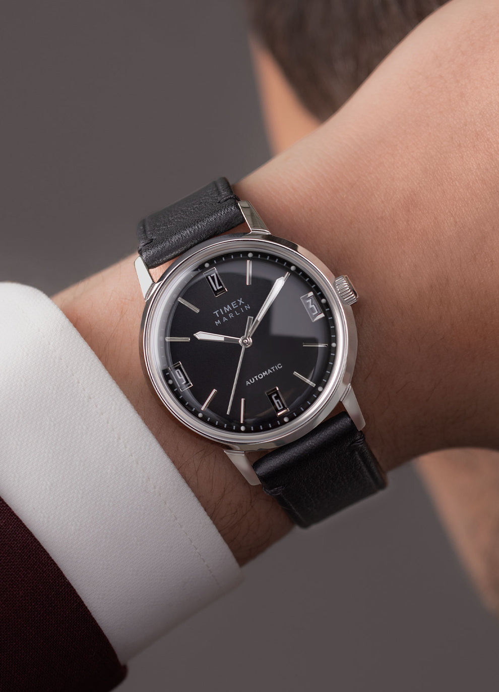 Marlin® Automatic Black Leather Strap Watch in a Wrist.