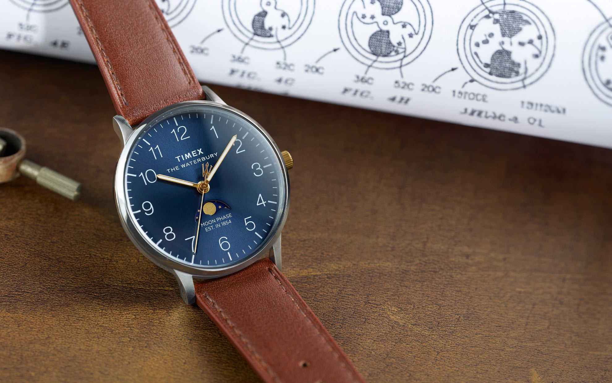 Waterbury Classic Moon Phase Brown Leather Strap Watch