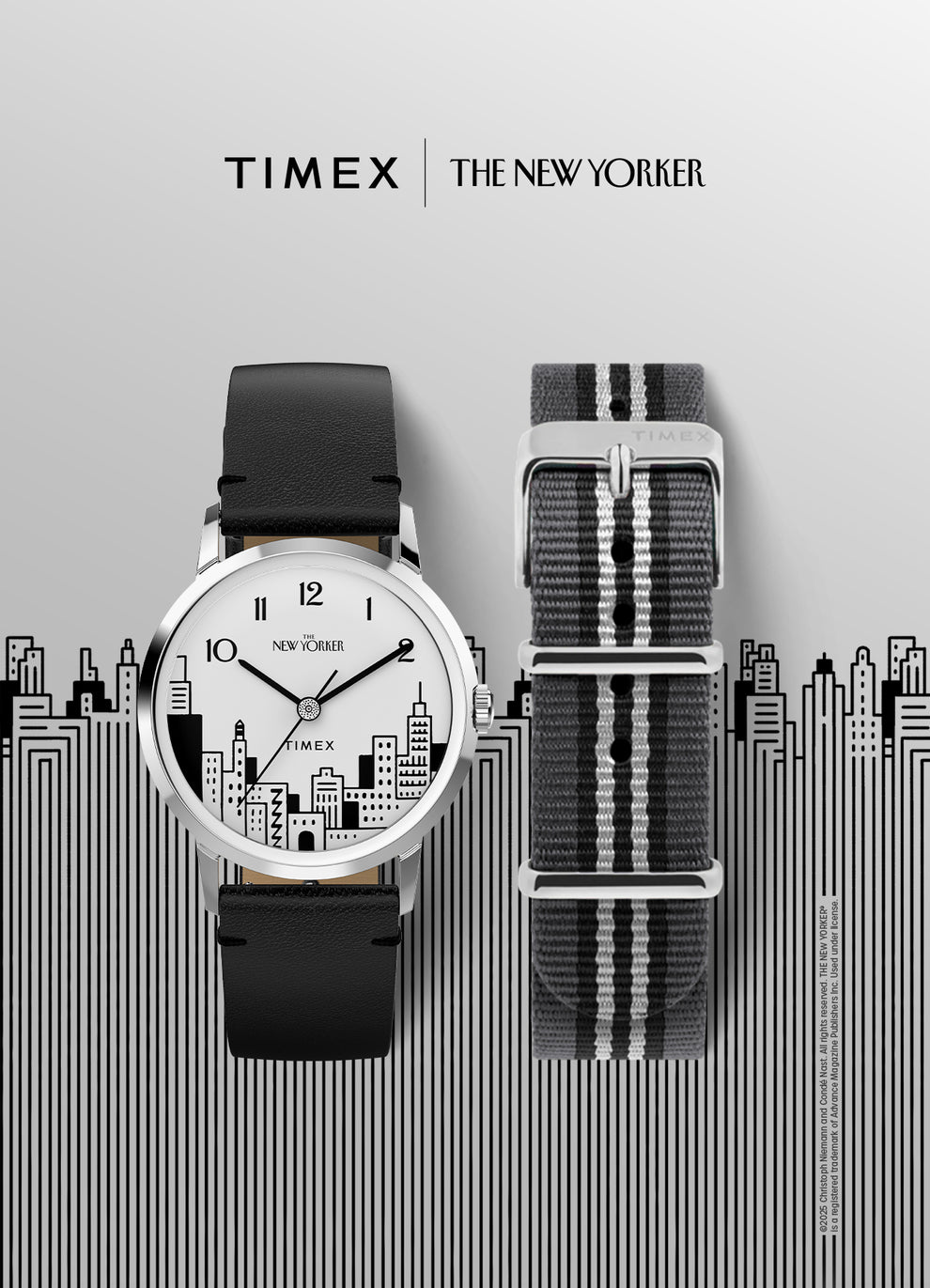 A promotional image featuring the Timex x The New Yorker Marlin® Hand-Wound watch alongside an alternate gray and black striped fabric strap. The backdrop includes a stylized, black-and-white cityscape illustration. The logos of "Timex" and "The New Yorker" are prominently displayed at the top.