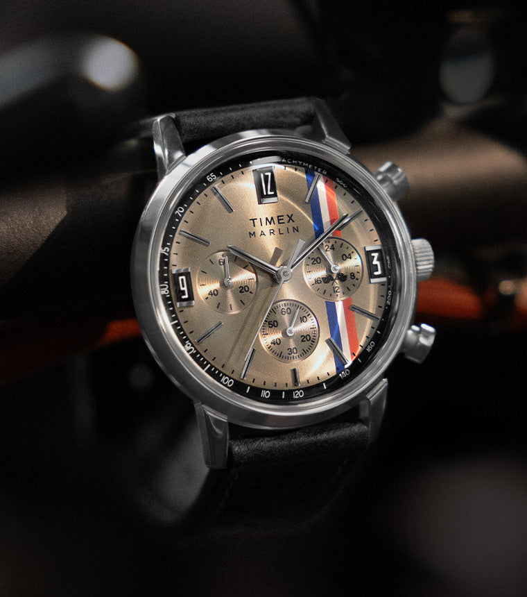 Marlin® Chronograph 40mm Black Leather Strap Watch with sub-dial decorated with the checkered flags