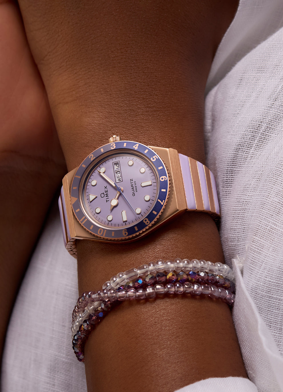 Women's Q Rose Gold tone Case and Bracelet with Purple Accents