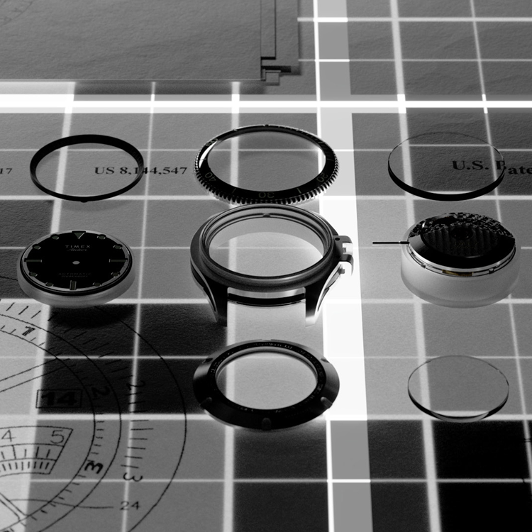 Disassembled Timex Atelier GMT components laid out on a technical grid, showcasing the watch’s case, dial, bezel, and movement parts.