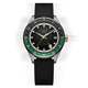 Front view of the Timex Atelier GMT Première M1a watch with a black dial, green GMT scale, and black rubber strap.