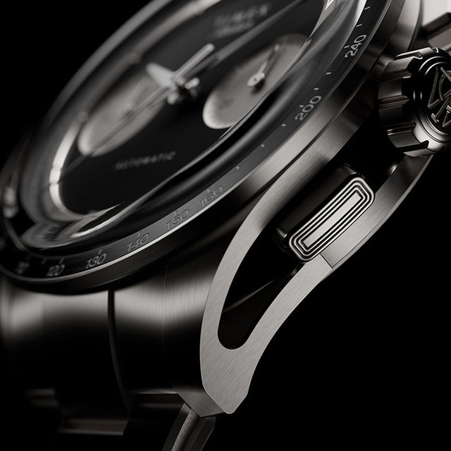 Exhibition caseback of the Timex Atelier Chronograph Automatic M1a Ti revealing the Swiss-made automatic movement through a sapphire crystal display back.