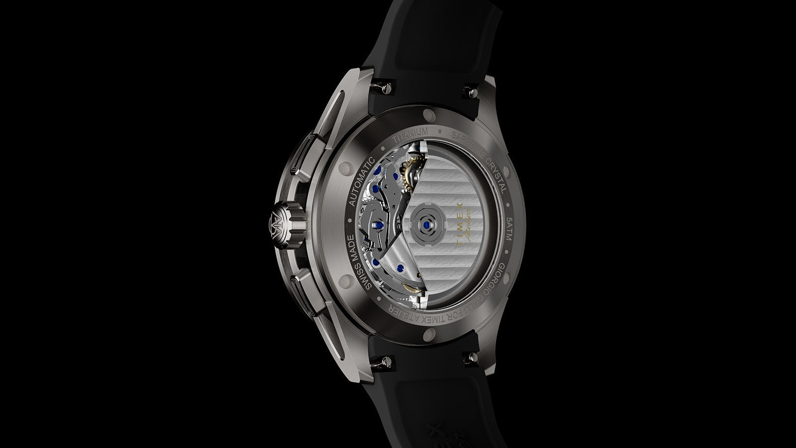 Exhibition caseback of Timex Atelier Chronograph Automatic Ti M1a showing Swiss automatic movement and titanium case
