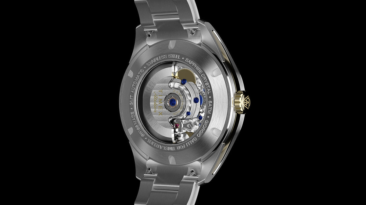 Rear view showing the Timex Atelier GMT Première M1a watch’s automatic movement through its exhibition caseback.