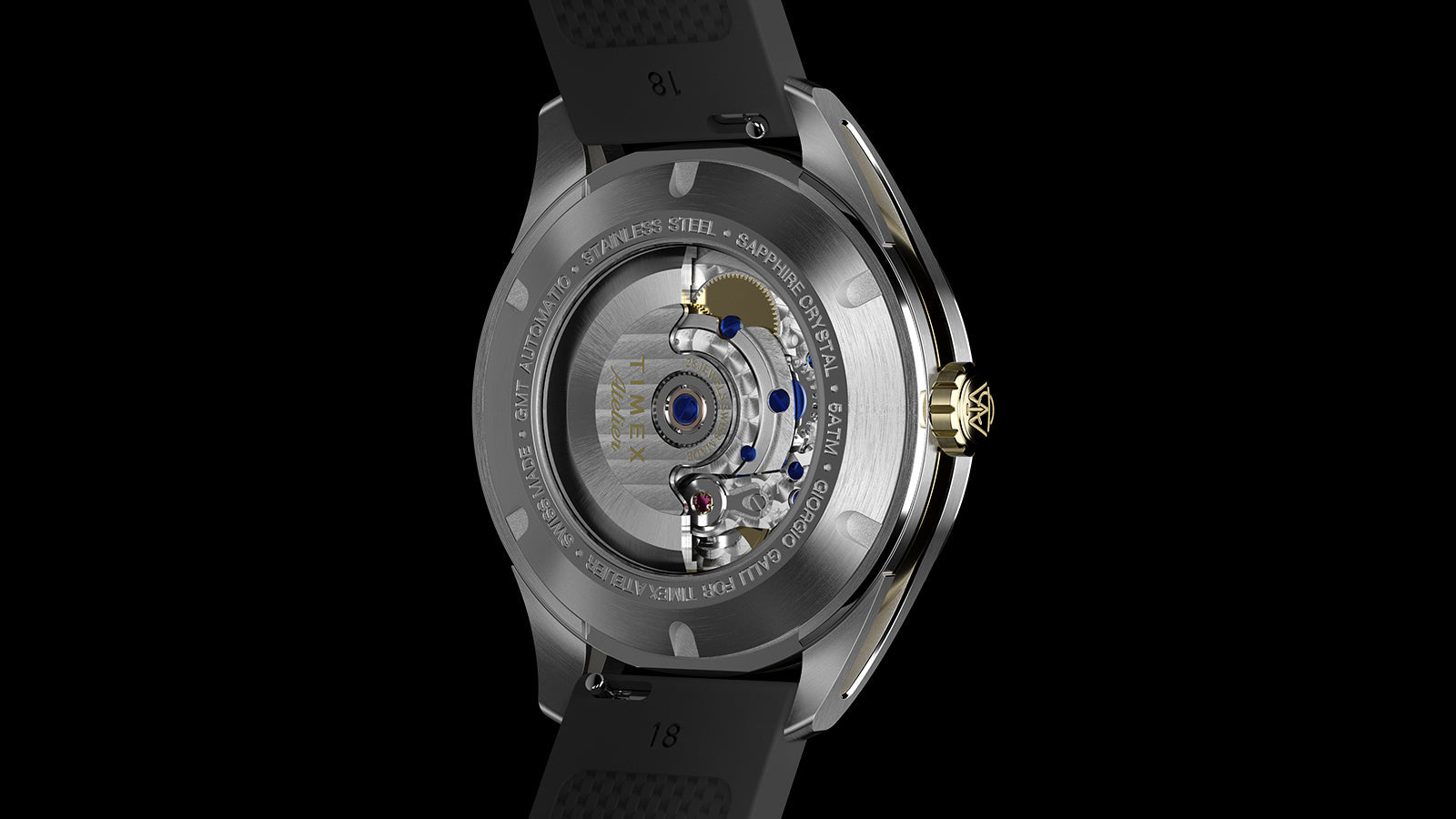 Rear view showing the automatic movement through the exhibition caseback and the black rubber strap.