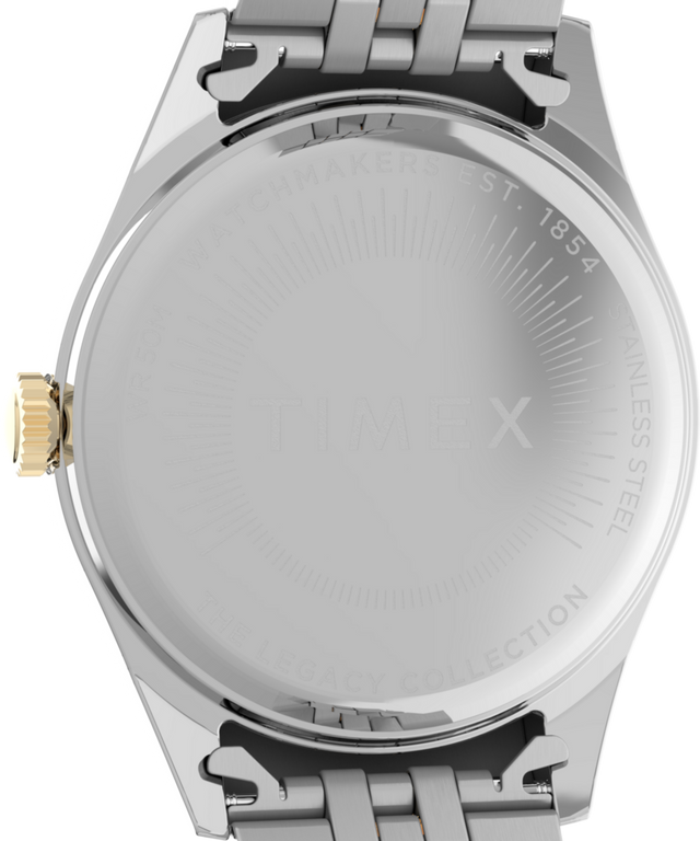 TW2V68500 Timex Legacy Day and Date 36mm Stainless Steel Bracelet Watch Caseback Image