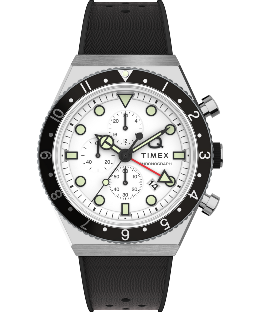 Q Timex 3-Time Zone Chronograph 40mm Synthetic Rubber Strap Watch