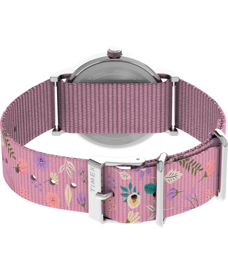 TW2V77800 Peanuts® x Timex Weekender In Bloom 38mm Fabric Strap Watch Caseback with Attachment Image