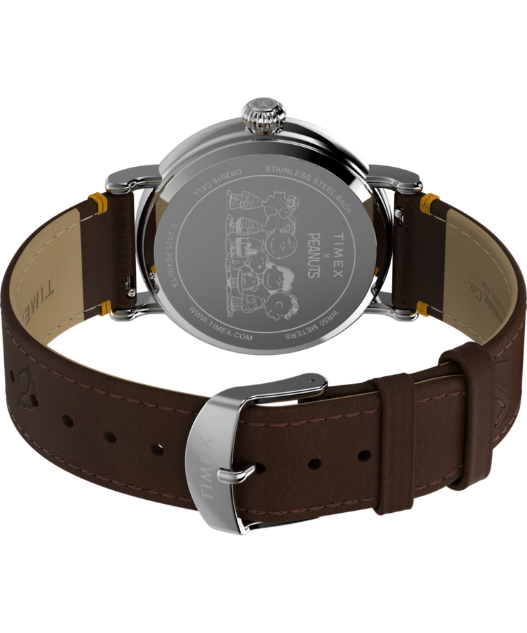 TW2W44300 Peanuts® x Timex Standard Thanksgiving 40mm Leather Strap Watch Caseback with Attachment Image