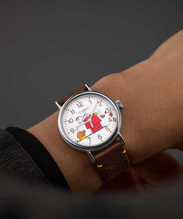 TW2W44300 Timex x Peanuts® Standard Thanksgiving 40mm Leather Strap Watch Primary Wrist Image