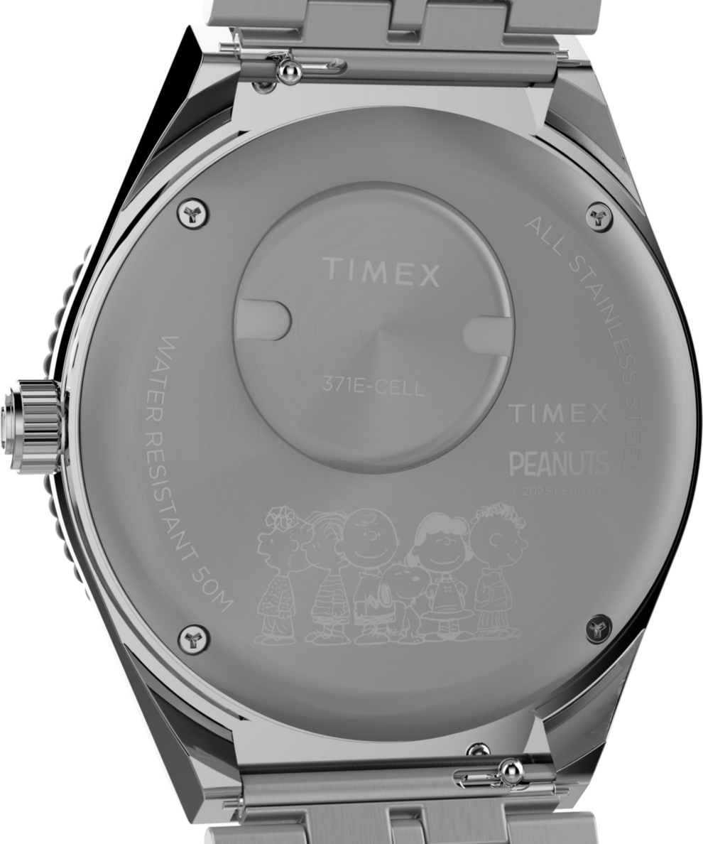 TW2W83300 Timex x Peanuts® Q Timex® GMT 38mm Stainless Steel Bracelet Watch Caseback Image