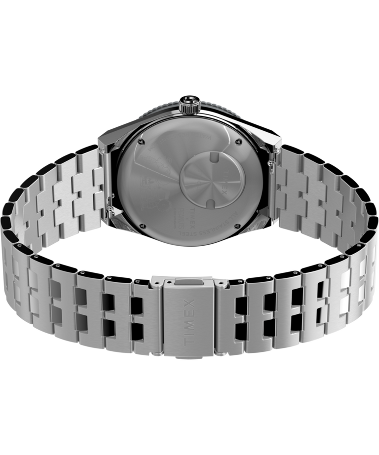 TW2W83300 Timex x Peanuts® Q Timex® GMT 38mm Stainless Steel Bracelet Watch Caseback with Attachment Image
